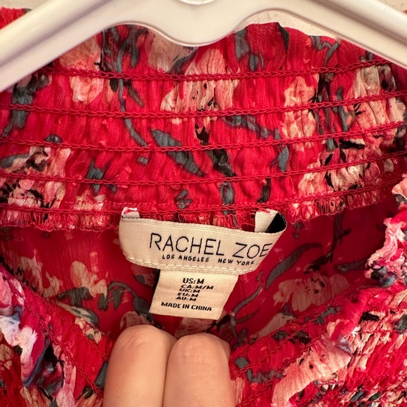 Red floral Rachel Zoe blouse.  Has smocked look at top. - Picture 3 of 6
